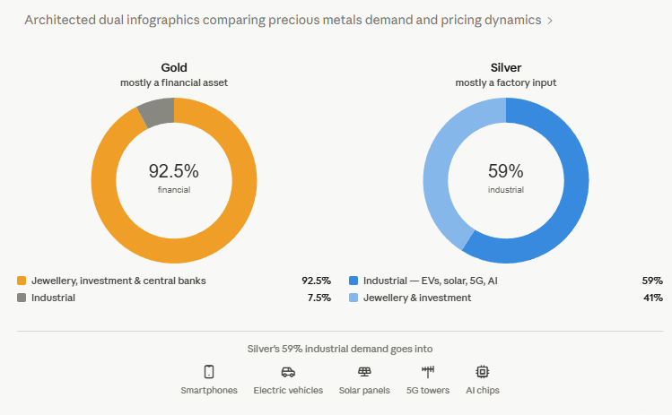 Donut chart with a large amber segment (92.5%, jewellery, investment, central banks) and a small gray segment (7.5%, industrial). Center text reads "92.5% financial."