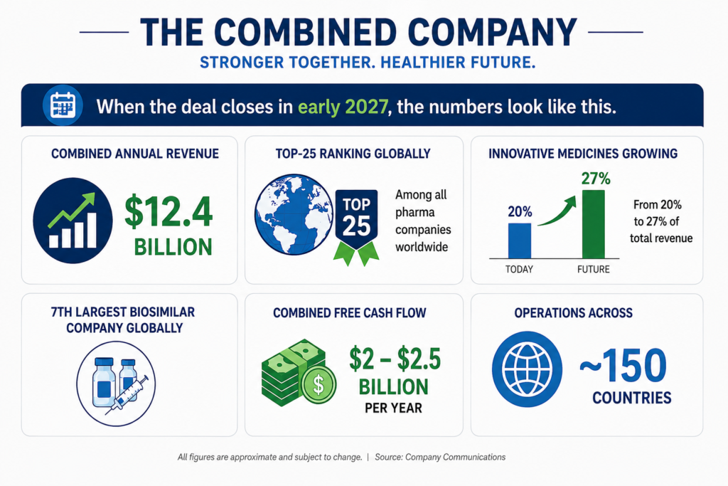 Infographic showing Sun Pharma and Organon combined company key statistics after acquisition — $12.4 billion combined annual revenue, Top-25 global pharma ranking, innovative medicines growing from 20% to 27%, 7th largest biosimilar company globally, $2–$2.5 billion combined free cash flow per year, operations across 150 countries by early 2027