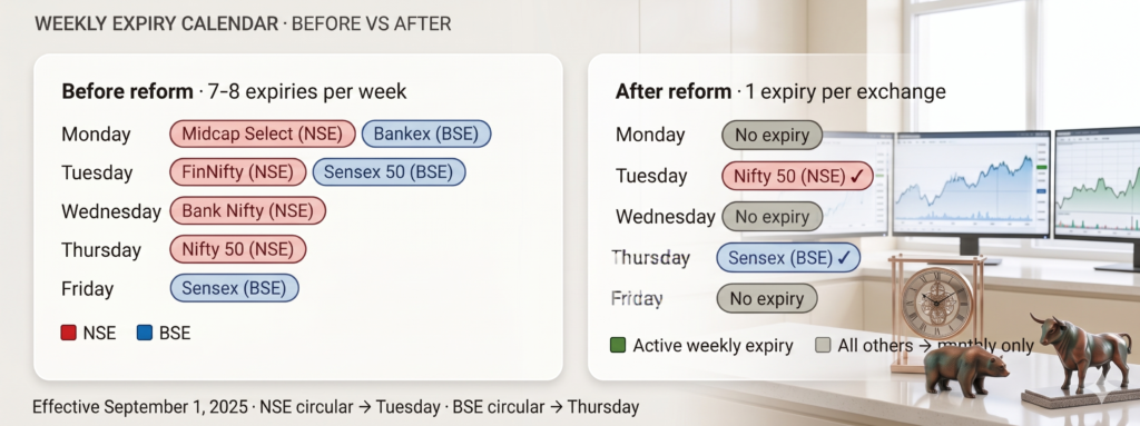 Before-and-after comparison of weekly F&O expiry calendars. Before reform: 7–8 expiries spread across every weekday — Midcap Select and Bankex on Monday, FinNifty and Sensex 50 on Tuesday, Bank Nifty on Wednesday, Nifty 50 on Thursday, Sensex on Friday. After reform effective September 1 2025: only two active expiries — Nifty 50 on Tuesday and Sensex on Thursday. Monday, Wednesday, and Friday show no expiry.