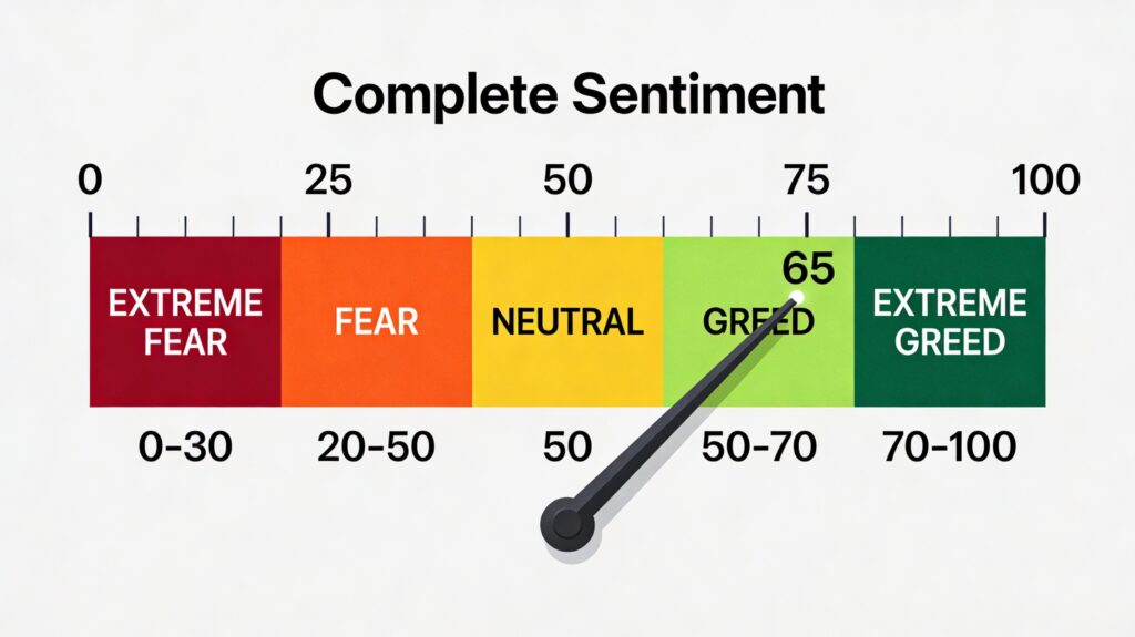 Market sentiment gauge showing a scale from 0 to 100 divided into five colour-coded zones. Extreme Fear (dark red, 0–30), Fear (orange, 20–50), Neutral (yellow, 50), Greed (light green, 50–70), Extreme Greed (dark green, 70–100). A needle points to 65, placing current sentiment in the Greed zone.