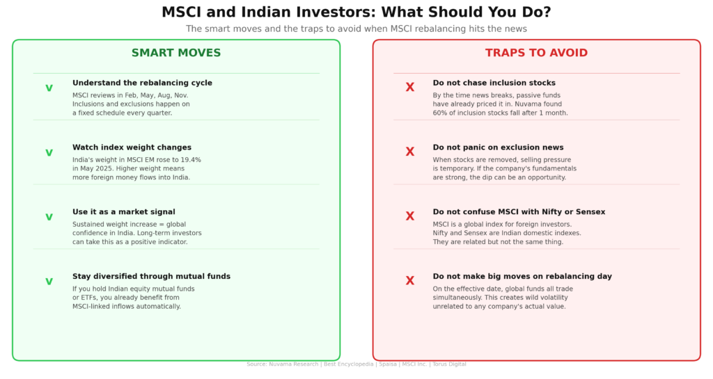 Two-column infographic: Smart moves (green) — understand the rebalancing cycle, watch index weight changes, use it as a market signal, stay diversified through mutual funds. Traps to avoid (red) — don't chase inclusion stocks, don't panic on exclusion news, don't confuse MSCI with Nifty or Sensex, don't make big moves on rebalancing day.