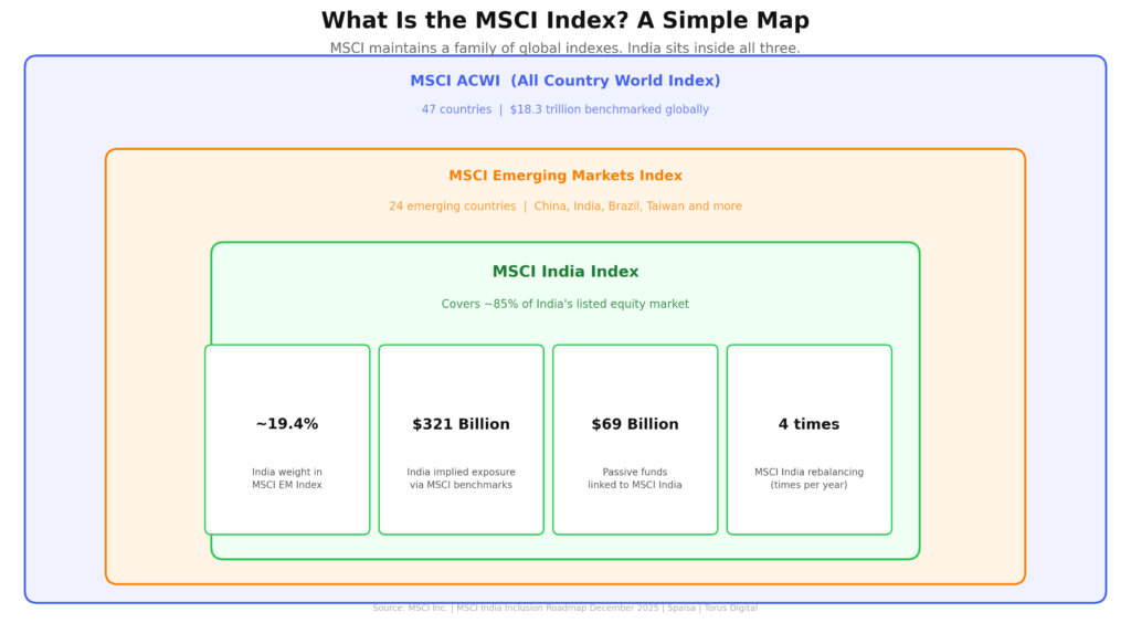 Nested box diagram showing three MSCI index layers. Outermost blue box: MSCI ACWI — 47 countries, $18.3 trillion benchmarked. Middle orange box: MSCI Emerging Markets — 24 countries including China, India, Brazil, Taiwan. Innermost green box: MSCI India Index — covers 85% of India's listed equity market. Four stat cards inside: India's weight 19.4%, implied exposure $321 billion, passive funds linked $69 billion, rebalancing 4 times per year.