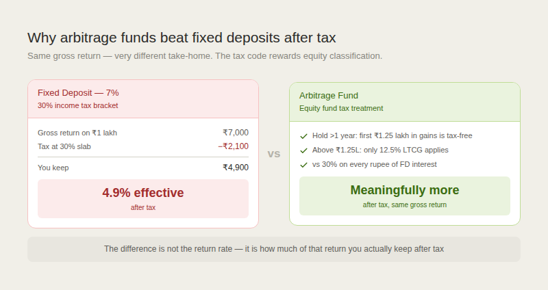 Two cards separated by a versus label. Left card (red, fixed deposit at 7%): gross return ₹7,000 on ₹1 lakh, tax at 30% slab minus ₹2,100, you keep ₹4,900, effective return 4.9% after tax. Right card (green, arbitrage fund): hold more than one year and first ₹1.25 lakh in gains is tax-free, above ₹1.25 lakh only 12.5% LTCG applies, versus 30% on every rupee of FD interest, result is meaningfully more after-tax return on same gross return. Footer: the difference is not the return rate — it is how much of that return you actually keep after tax.