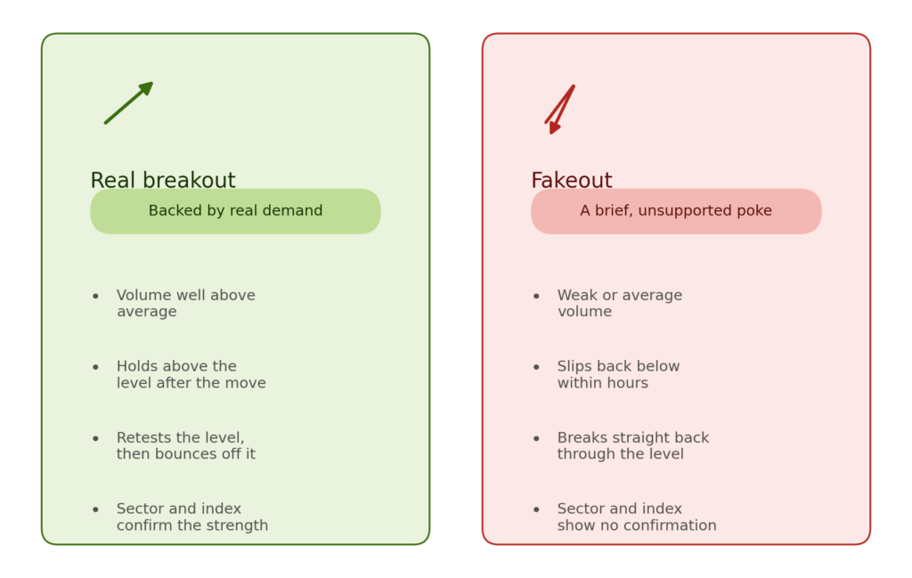 Two-panel comparison. Left panel (green, real breakout — backed by real demand): volume well above average, holds above the level after the move, retests the level then bounces off it, sector and index confirm the strength — illustrated by an upward arrow. Right panel (red, fakeout — a brief unsupported poke): weak or average volume, slips back below within hours, breaks straight back through the level, sector and index show no confirmation — illustrated by a downward arrow.