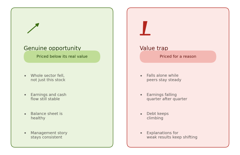 Two-panel comparison. Left panel (green, genuine opportunity — priced below its real value): whole sector fell not just this stock, earnings and cash flow still stable, balance sheet is healthy, management story stays consistent — illustrated by an upward arrow. Right panel (red, value trap — priced for a reason): falls alone while peers stay steady, earnings falling quarter after quarter, debt keeps climbing, explanations for weak results keep shifting — illustrated by a downward-leaning exclamation mark.
