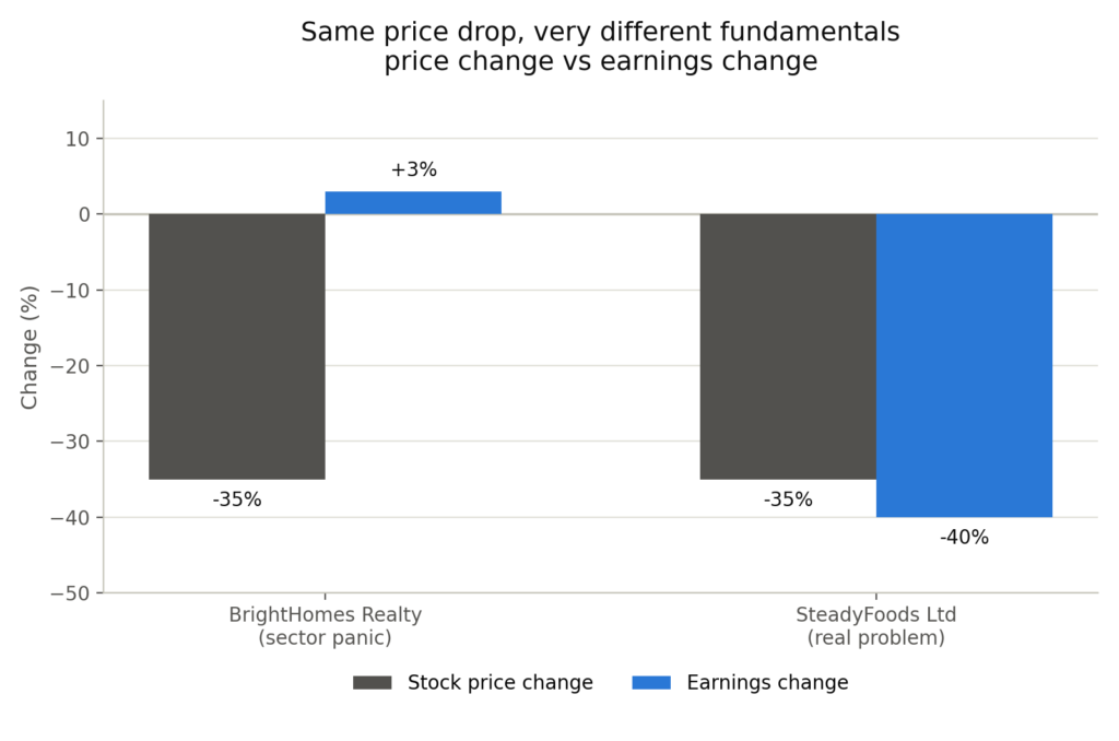 Grouped bar chart comparing two companies with identical 35% stock price drops. BrightHomes Realty (sector panic): stock price down 35% (dark bar), earnings up 3% (blue bar above zero). SteadyFoods Ltd (real problem): stock price down 35% (dark bar), earnings down 40% (blue bar below zero). The stock price bars are identical in both cases. The earnings bars move in opposite directions.