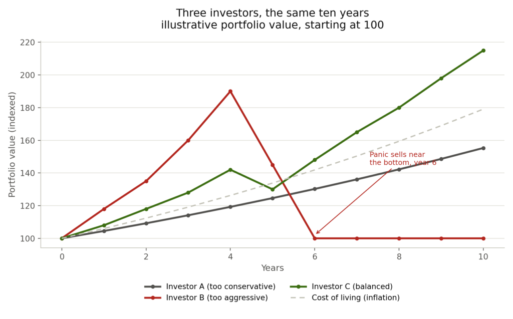 Line chart tracking three portfolio values over 10 years starting at 100. Investor A (too conservative, dark gray): grows slowly and steadily to 155, but barely keeps pace with inflation shown as a dashed gray line reaching 180. Investor C (balanced, green): grows with some volatility, dips at year 5, then climbs strongly to 215 by year 10. Investor B (too aggressive, red): surges to 191 by year 4, then crashes at year 6 annotated "panic sells near the bottom," flattening to 100 for the remainder of the decade.
