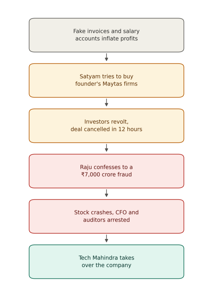 Six-step vertical flowchart of the Satyam scandal: fake invoices and salary accounts inflate profits, Satyam tries to buy the founder's Maytas firms, investors revolt and the deal is cancelled within 12 hours, Ramalinga Raju confesses to a ₹7,000 crore fraud, the stock crashes and the CFO and auditors are arrested, and Tech Mahindra takes over the company.