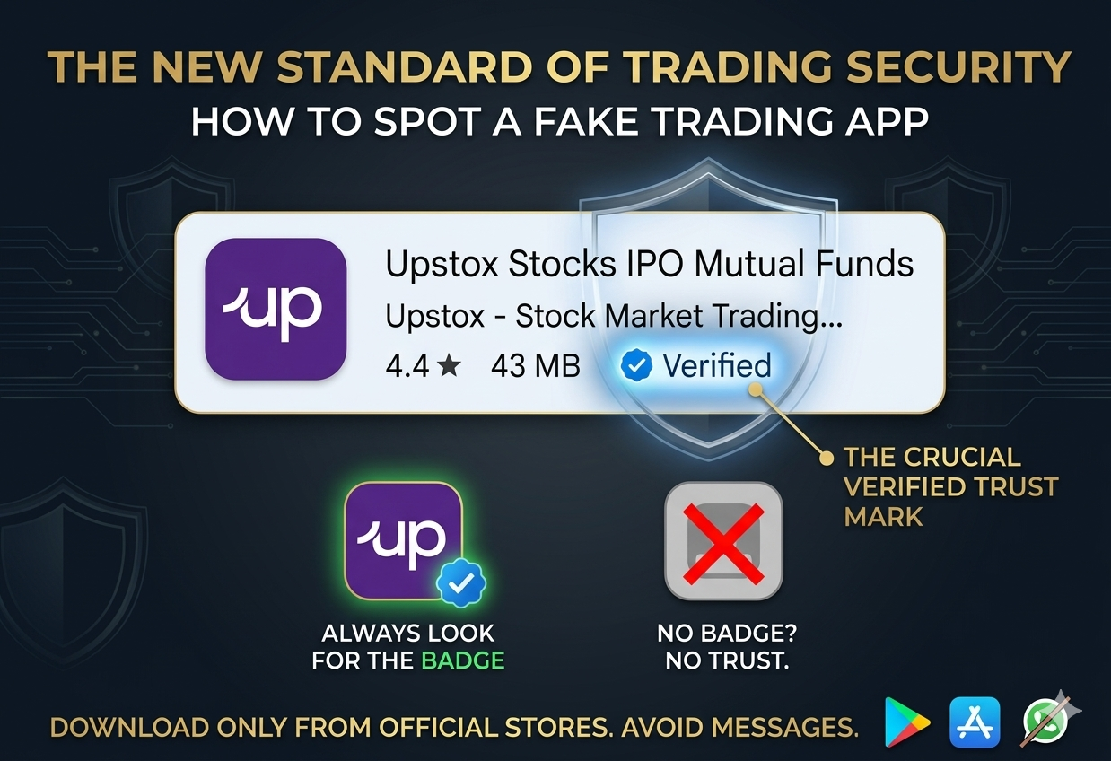 Illustration showing a verified Upstox app listing with a trust badge, highlighting how to identify genuine trading apps and avoid fake or fraudulent apps by downloading only from official app stores.
