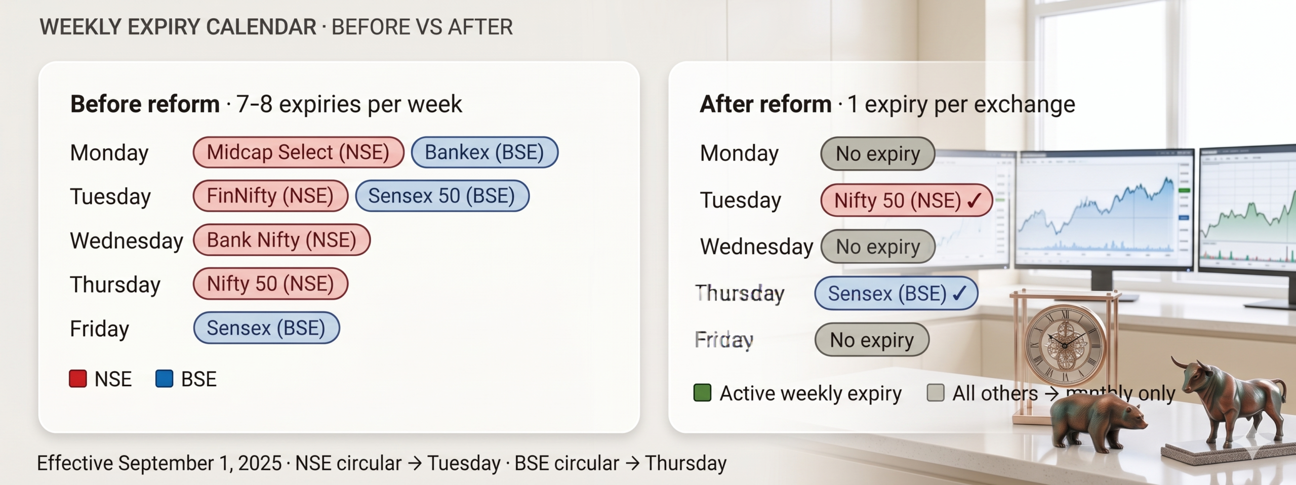 Infographic comparing NSE and BSE weekly expiry calendar before and after SEBI reform effective September 1 2025 — before reform had 7 to 8 expiries per week including Midcap Select and Bankex on Monday, FinNifty and Sensex 50 on Tuesday, Bank Nifty on Wednesday, Nifty 50 on Thursday, and Sensex on Friday — after reform reduced to 1 expiry per exchange with only Nifty 50 on Tuesday for NSE and Sensex on Thursday for BSE, with all other days showing no expiry